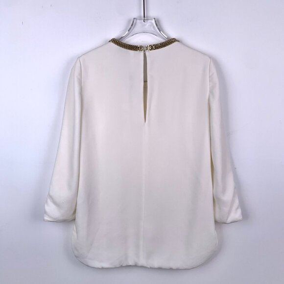 BURBERRY LONDON White Silk Blouse With Gold Chain Neckline 3/4 Sleeve Size US 4 - Picture 7 of 7